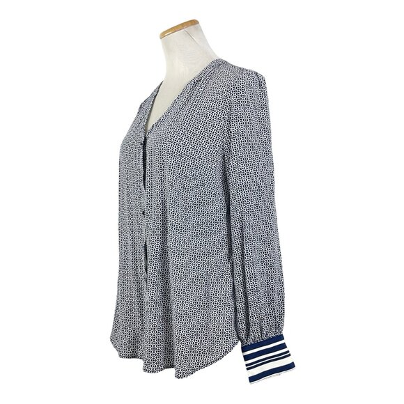 Talbots Blouse Size Large Button Down Top Shirt Geometric Print Rayon Blue White - Picture 5 of 6